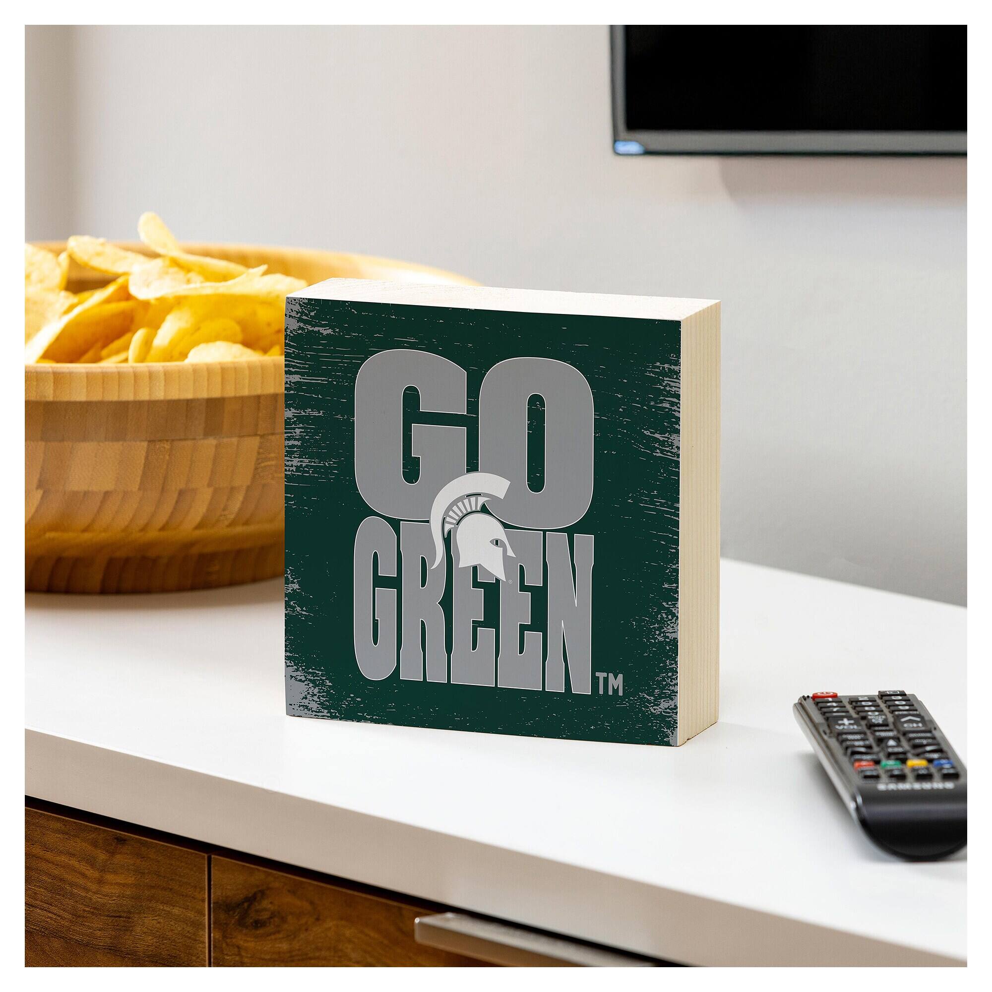 Alt View 2. Evergreen Enterprises - Michigan State Spartans 6" Square Fan Chant Wood Block Shelf Sign - Multicolor.