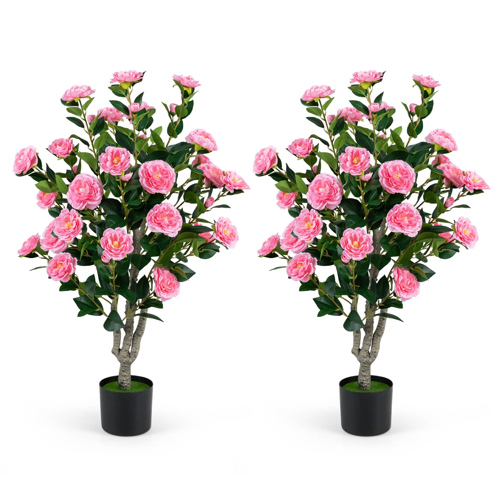 "Costway - 2PCS 39.5"" Artificial Camellia Tree, Faux Flower Plant Tree in Cement-Filled Pot - Pink & Green & Black" price history on PriceWatchPro