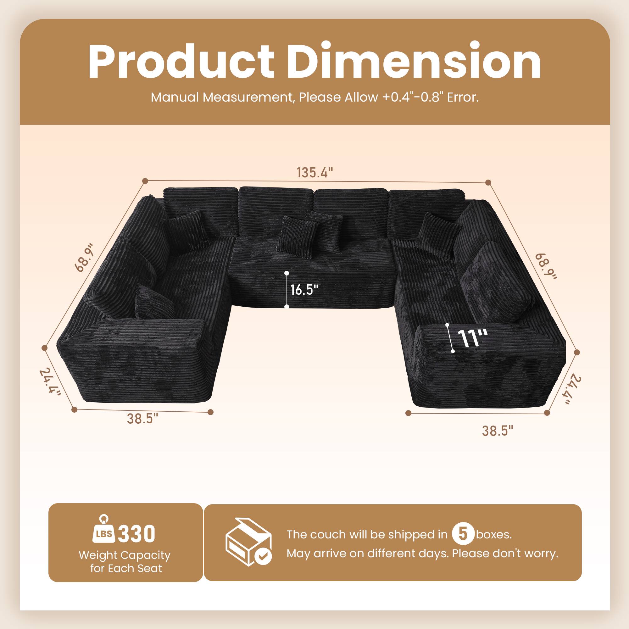 Product Dimension  
Manual Measurement, Please Allow +0.4"-0.8" Error.  

135.4"  
68.9"  
16.5"  
11"  
38.5"  
24.4"  
68.9"  
38.5"  
24.4"  

LBS 330  
Weight Capacity for Each Seat  

The couch will be shipped in 5 boxes.  
May arrive on different days. Please don't worry.