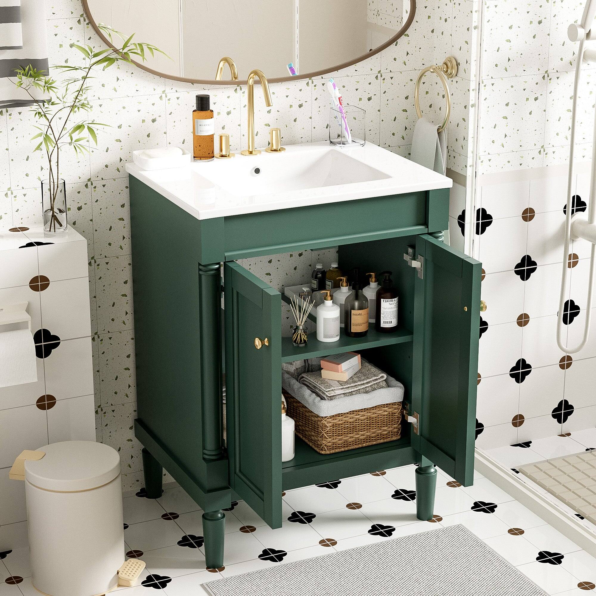 Alt View 2. Boyel Living - 24 Inch Bathroom Vanity Green with Ceramic Sink Solid Wood Frame Double Door Storage - Green.