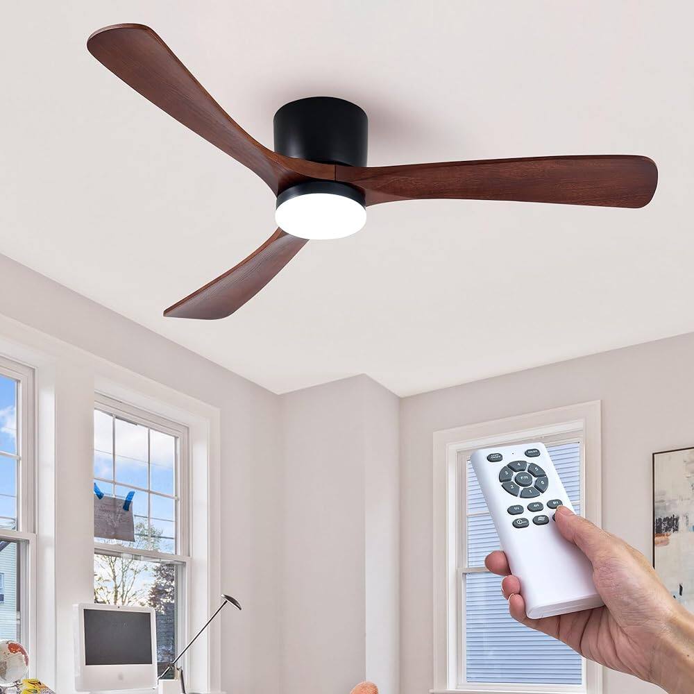 Front. Domanki - 52" Wood Ceiling Fan with Lights Remote, Reversible DC Motor 6-Speed, 3 Blades Low Profile Flush Mount Ceiling Fans - Black.