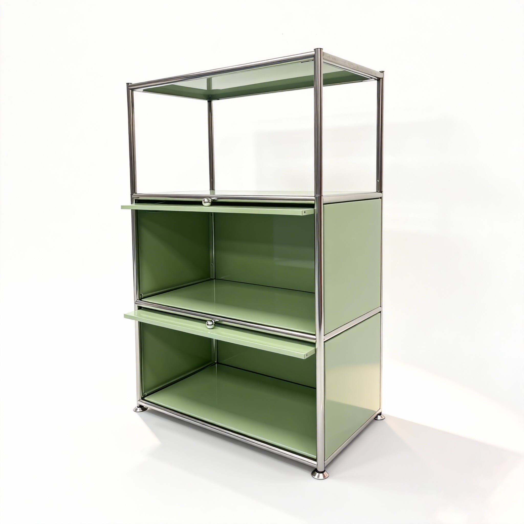 Angle. Malletson - 3 Tier Modular Metal Sideboard Storage Cabinet, Modern Grid-Style, for Dining Room, Living Room or Office - Green.