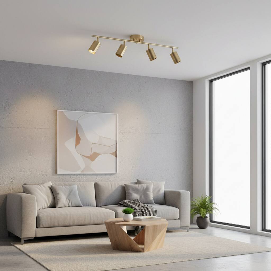 Left. Dazzed Corner - 4-Light Pivoting Heads Track Lighting, Ceiling Lighting - Gold.