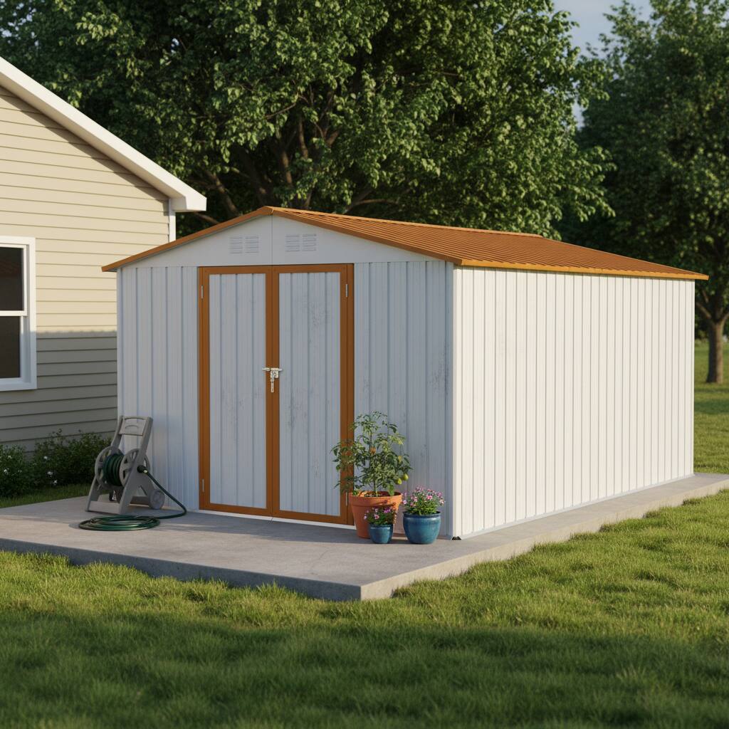 Angle. Anysun - 10x12ft Metal Garden Shed with Apex Roof, Hinged Door & Integrated Vents, Heavy-Duty Outdoor Storage with Padlock - White+Yellow.
