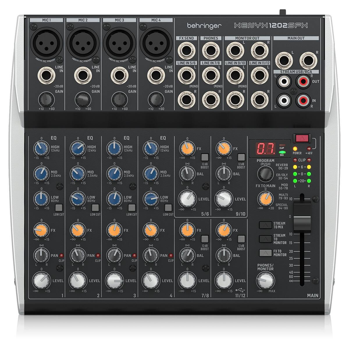 MIC1 MIC2 MIC3 MIC4  
behringer KENYX 1202SPX  
FX SEND PHONES MONITOR OUT MAIN OUT  
- PEP LINE  
Heov P LINE - - LINE - -P LINE  
LINE 5/B LINE 7/8 LINE 9/10 LINE 11/12  
STREAM USB/RCA  
-20dB GAIN -20dB GAIN -20dB GAIN -20dB GAIN  
MONO MONO MONO OUT  
60 +10 -60 +10 80 +10 60 -55 15  
EQ HIGH 12kHz +15 MID 2.5kHz +15 -15  
EQ HIGH 12kHz +15 MID 2.5kHz +15 -15  
EQ HIGH 12kHz +15 MID 2.5kHz +15 -15  
EQ HIGH 12kHz +15 MID 2.5kHz +15 -15  
FX BOOST BAL FX +15  
BOOST BAL 0.8  
POWER +6DV  
PROGRAM CLIP (PUSH)  
RE