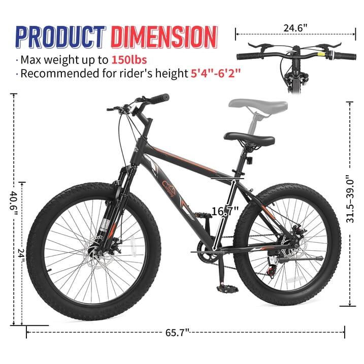 PRODUCT DIMENSION  
- Max weight up to 150lbs  
- Recommended for rider's height 5'4"-6'2"  

24.6"  
40.6"  
24"  
16.7"  
31.5-39.0"  
65.7"