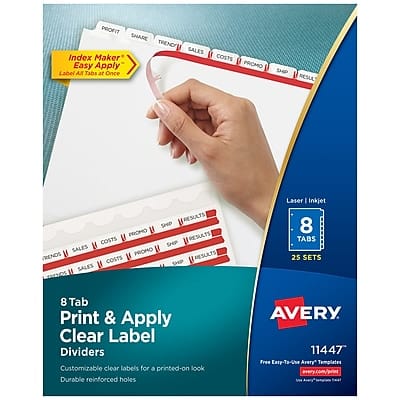 **Index Maker Easy Apply**  
"Label A Tabs at Once"  

**PROFIT**  
**SHARE**  
**TREND**  
**SALES**  
**COSTS**  
**PROMO**  
**SHP**  
**RESULTS**  

**8 Tab Print & Apply Clear Label Dividers**  
Customizable clear labels for a printed-on look  
Durable reinforced holes  

**Laser | Inkjet**  
8 TABS  
25 SETS  

**AVERY**  
11447  

**Free Etsy-To-Use Avery Templates**  
avery.com/print