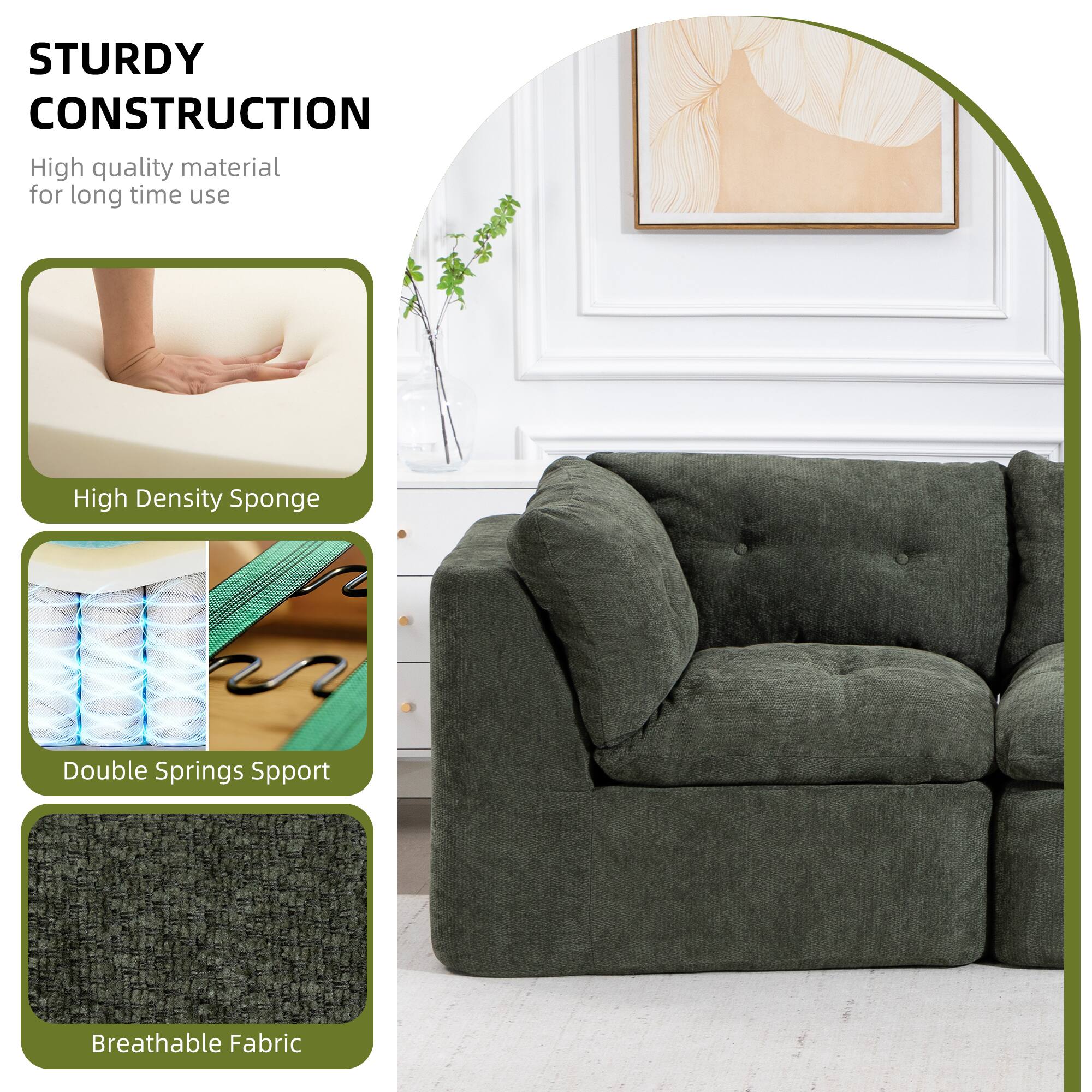 STURDY CONSTRUCTION  
High quality material for long time use  

- High Density Sponge  
- Double Springs Support  
- Breathable Fabric