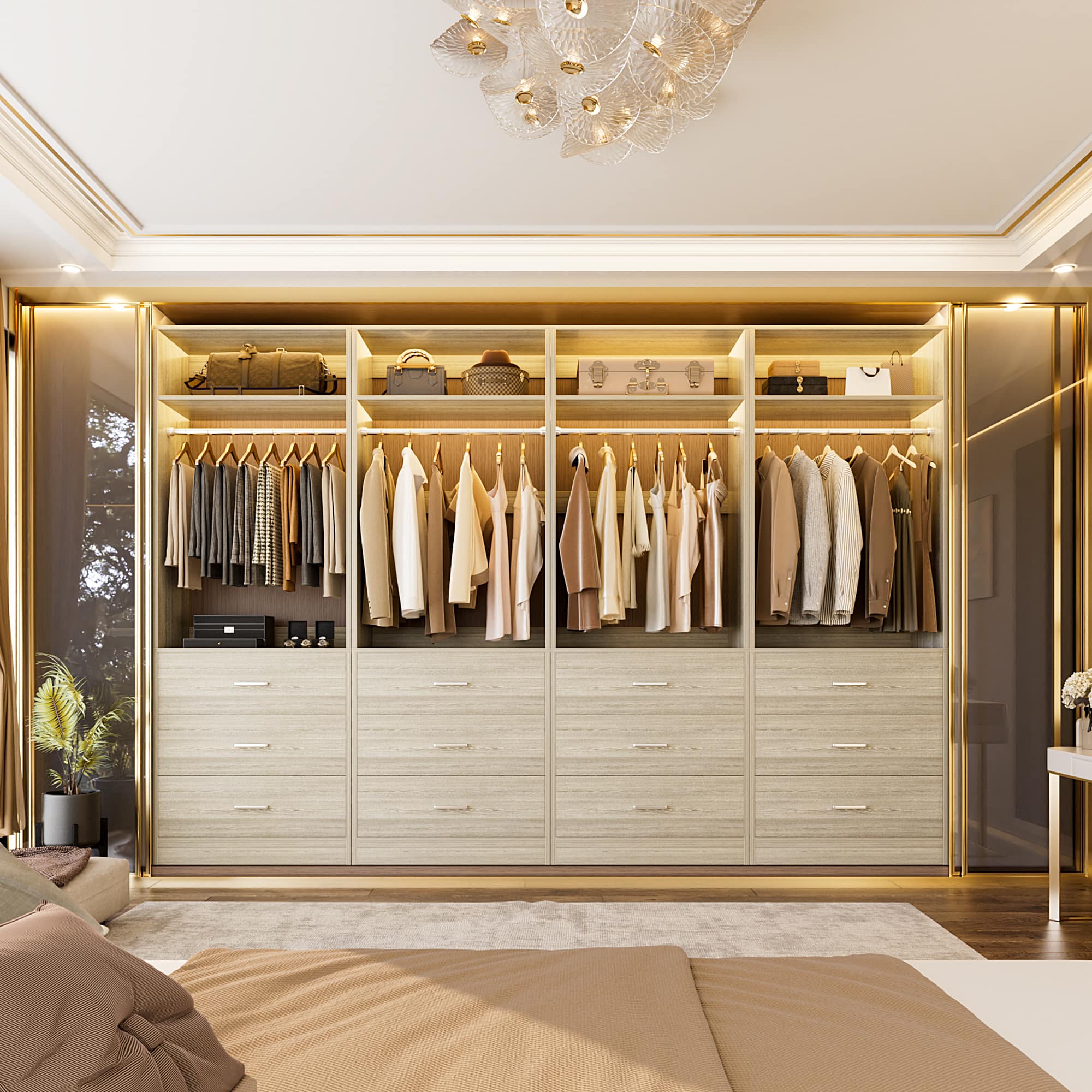 Front. Aheaplus - Set of 4 Heavy Duty 96" Walk-In Closet with 12 Wood Drawers, 4 Rods & 4 Shelves - White Oak.