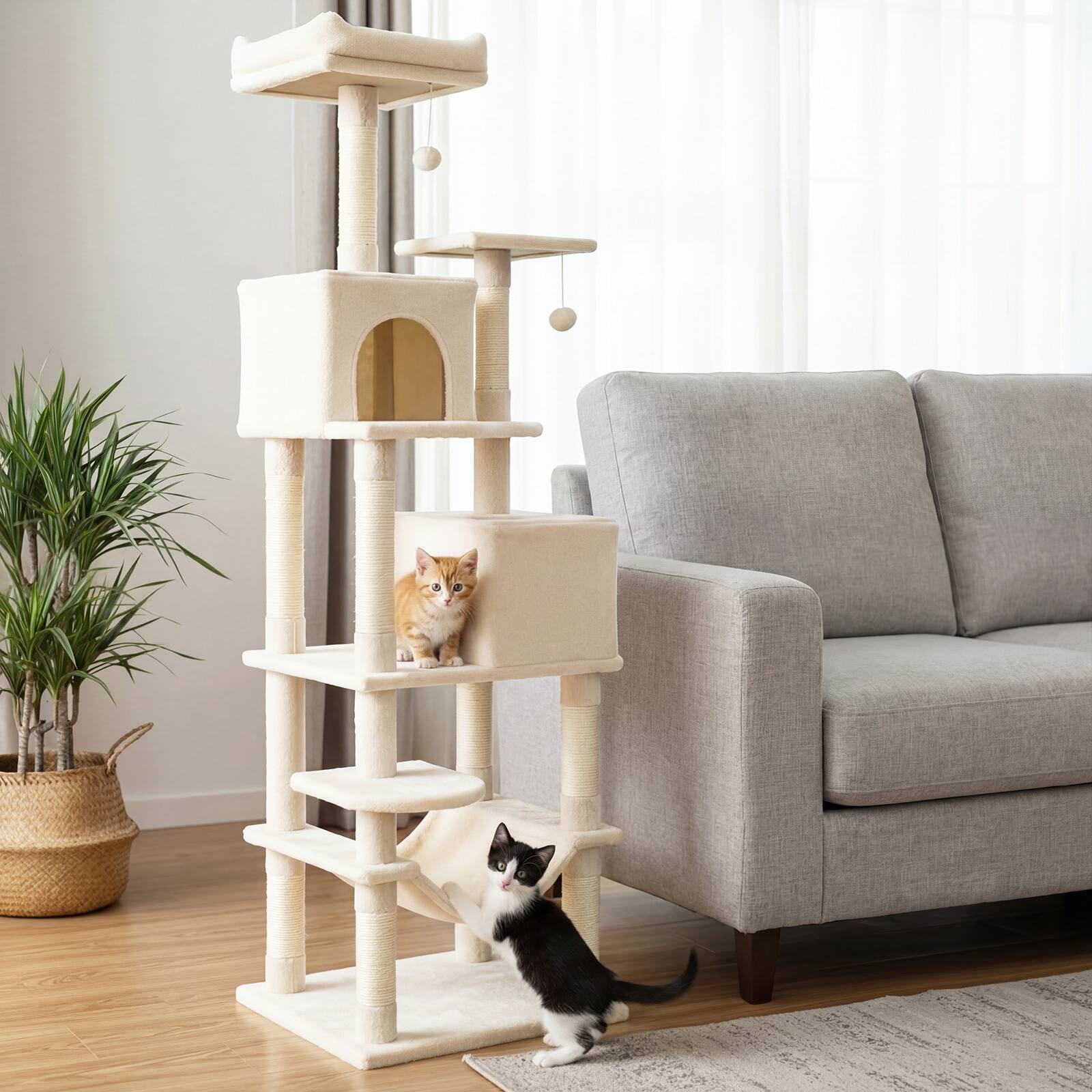 Alt View 3. Costway - Costway 70" Cat Tree for Indoor Cats with Padded Top Perch, Dual Condos, Hammock, Platforms - Beige.