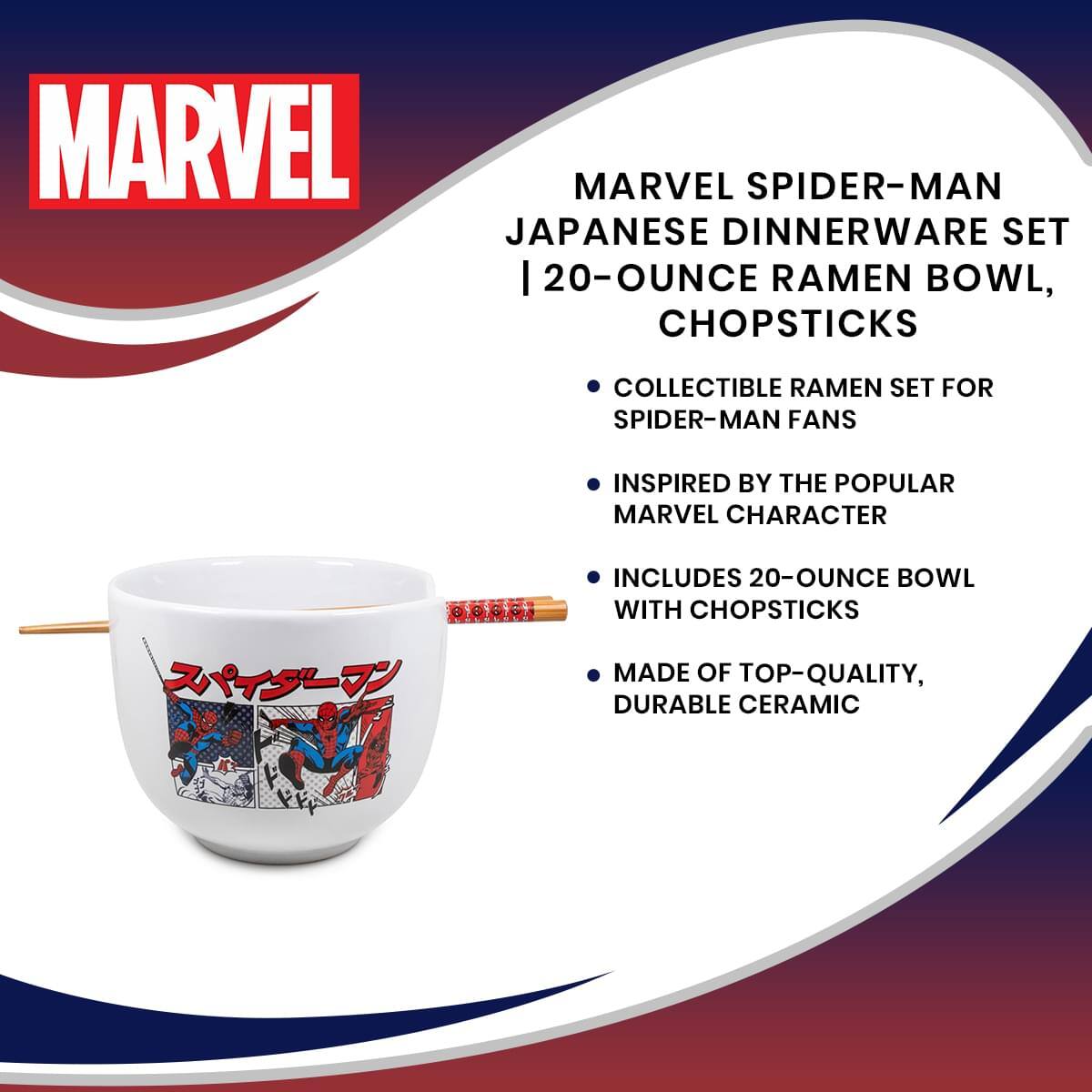 MARVEL SPIDER-MAN JAPANESE DINNERWARE SET  
20-OUNCE RAMEN BOWL, CHOPSTICKS

- COLLECTIBLE RAMEN SET FOR SPIDER-MAN FANS
- INSPIRED BY THE POPULAR MARVEL CHARACTER
- INCLUDES 20-OUNCE BOWL WITH CHOPSTICKS
- MADE OF TOP-QUALITY, DURABLE CERAMIC