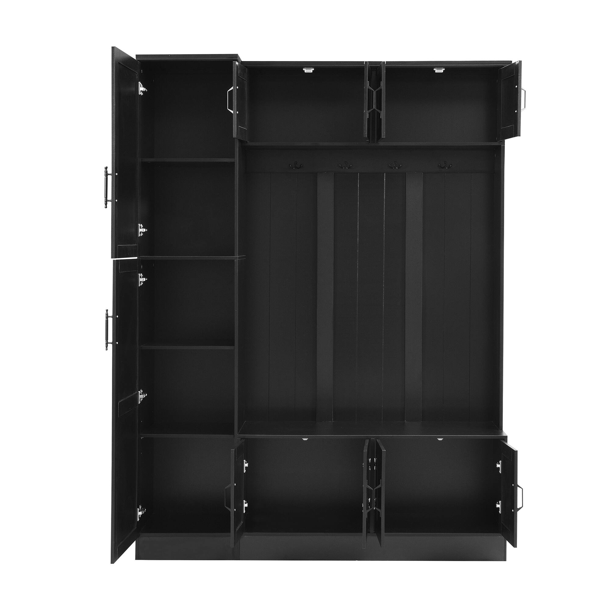 Alt View 2. Whisen - Modern Hall Tree with Shoe Storage, 4-in-1 Entryway Bench with 6 Cabinets and 4 Hooks - Black.
