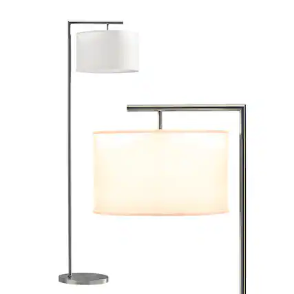 Front. Brightech - Montage Modern LED Midcentury Modern Arc Super Bright Floor Lamp with Ivory White Fabric Drum Shade - Brushed Satin Nickel.