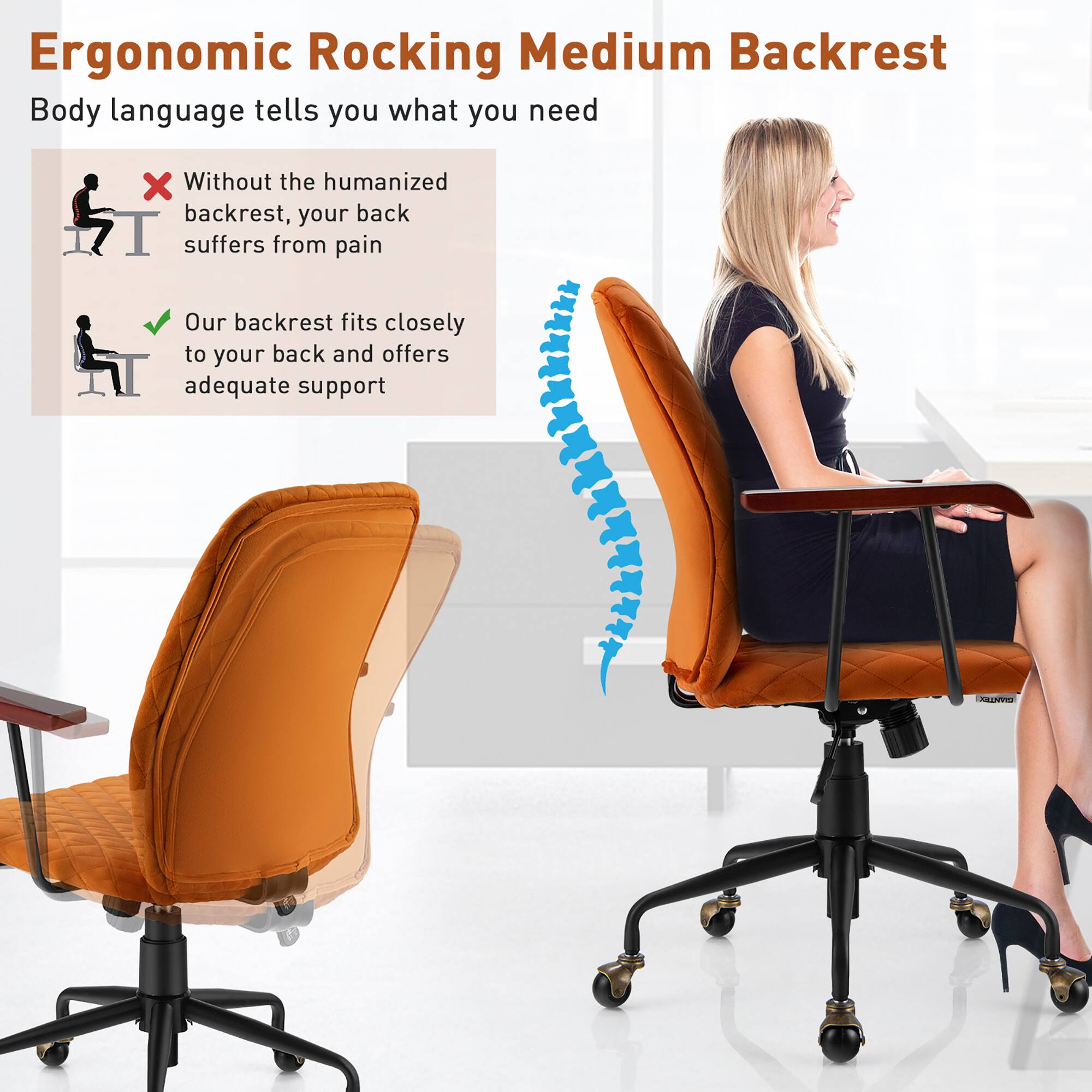 Ergonomic Rocking Medium Backrest Body language tells you what you need x Without the humanized backrest, your back suffers from pain Our backrest fits closely to your back and offers adequate support.
