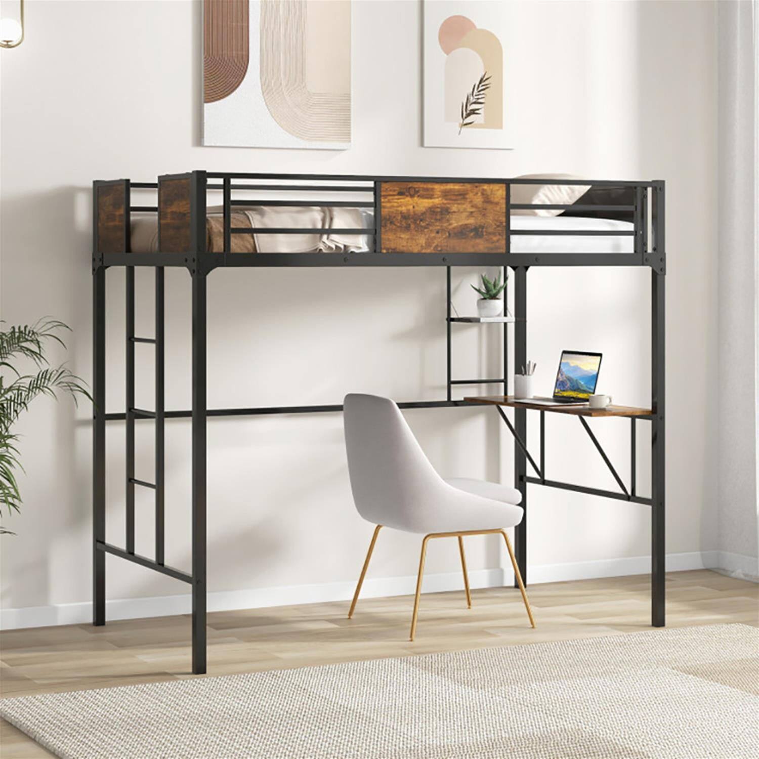 Back. Pefilos - Twin Size Industrial Metal Loft Bed with Desk Storage Shelf and Build-in Ladder for Teens, Black - Black.