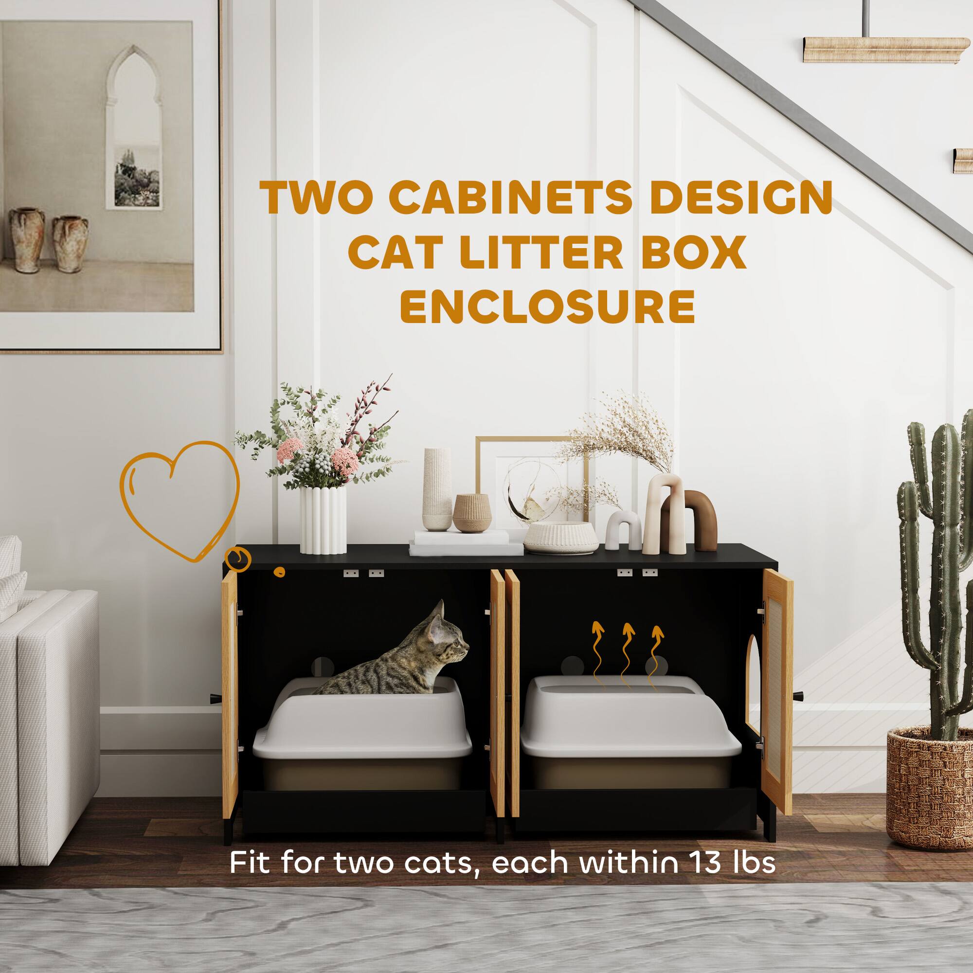 TWO CABINETS DESIGN CAT LITTER BOX ENCLOSURE

Fit for two cats, each within 13 lbs