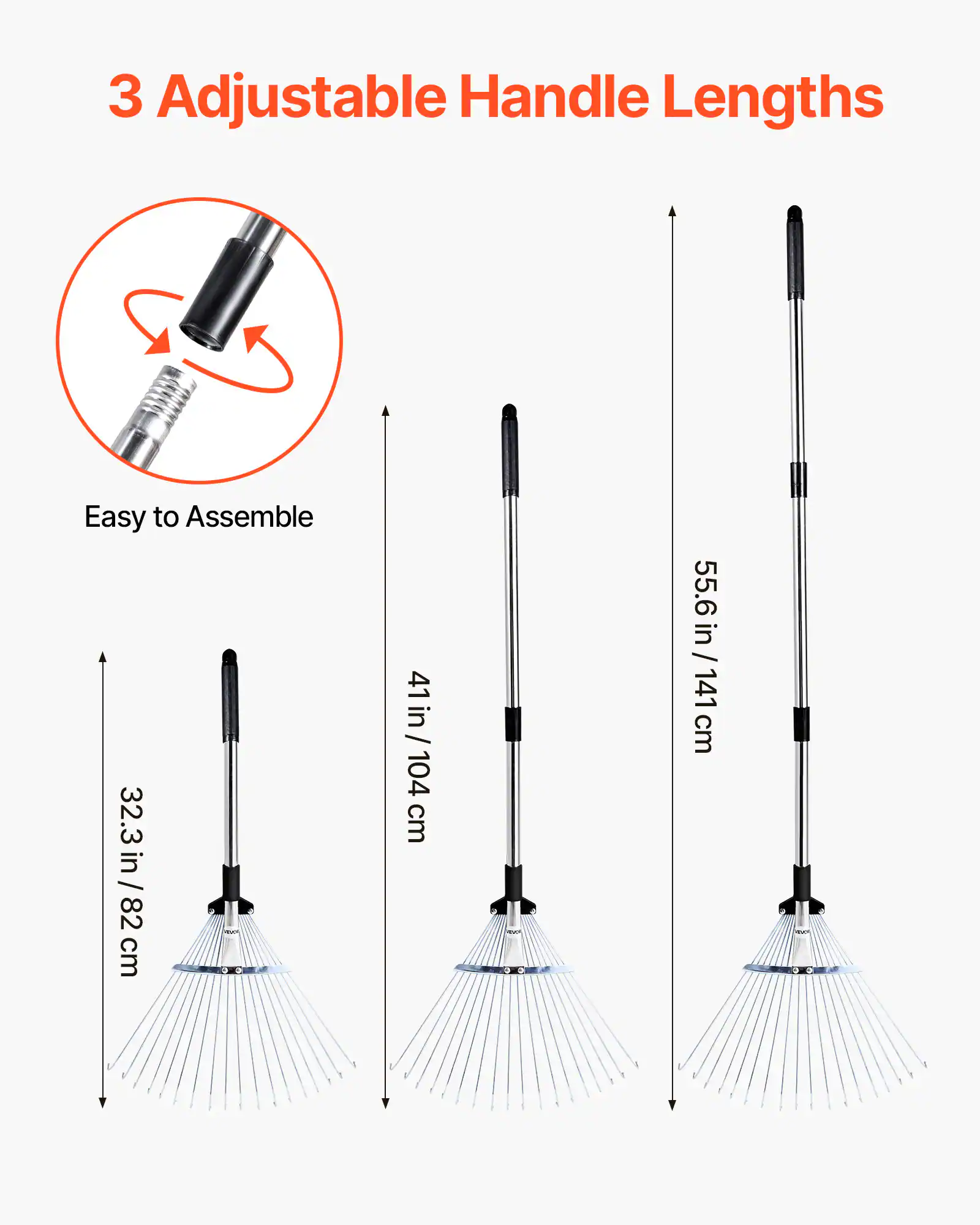 3 Adjustable Handle Lengths

Easy to Assemble

32.3 in / 82 cm

41 in / 104 cm

55.6 in / 141 cm