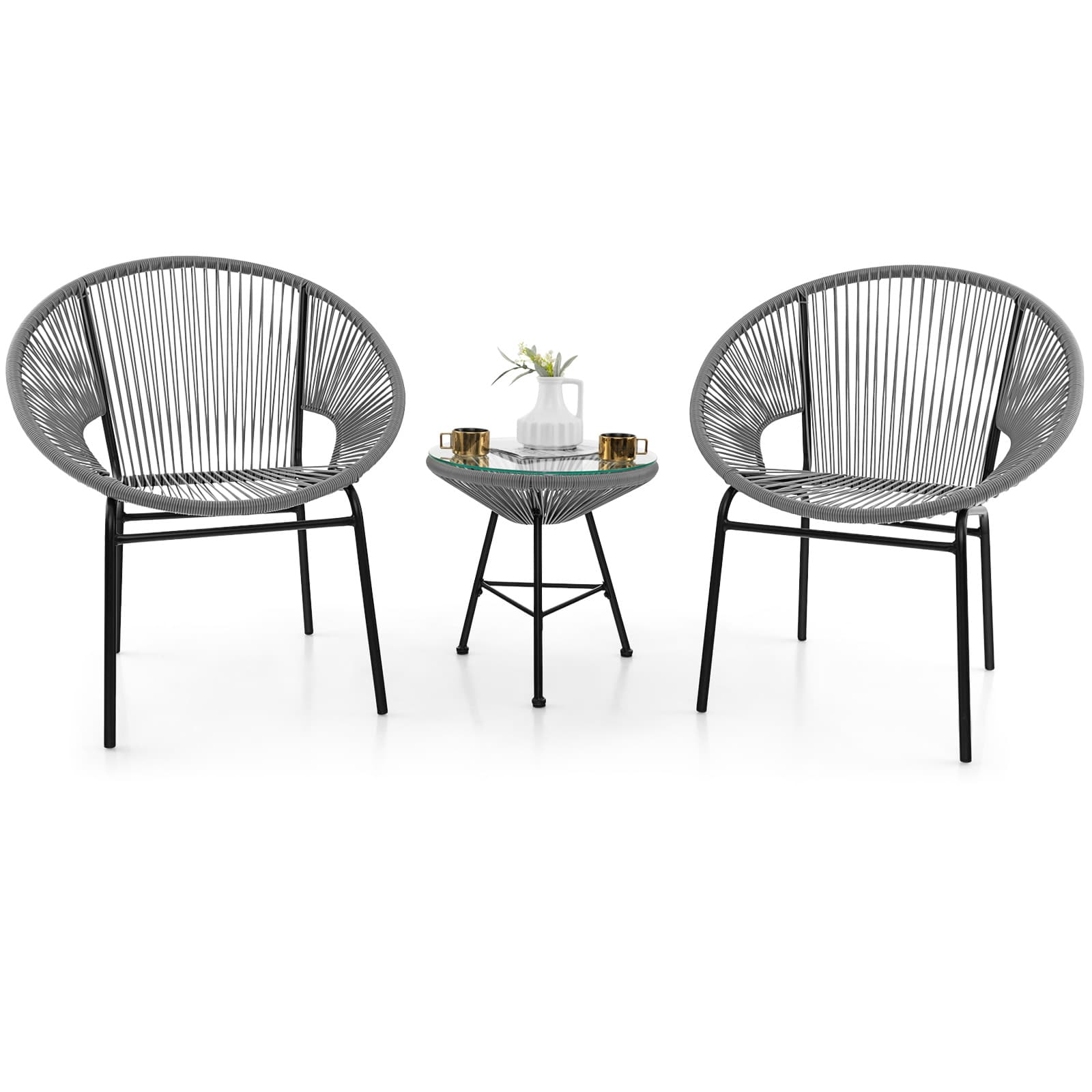 Gymax - 3 Pieces Acapulco Chair Set Wicker Conversation Bistro Set w/ Tempered Glass Table - Gray