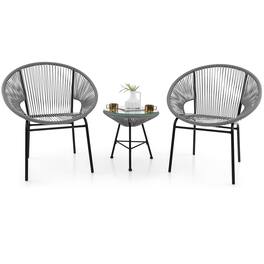 Gymax - 3 Pieces Acapulco Chair Set Wicker Conversation Bistro Set w/ Tempered Glass Table - Gray