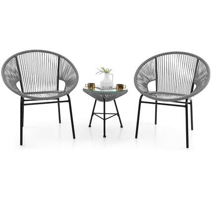 Front. Gymax - Gymax 3 Pieces Acapulco Chair Set Wicker Conversation Bistro Set w/ Tempered Glass Table - Grey.