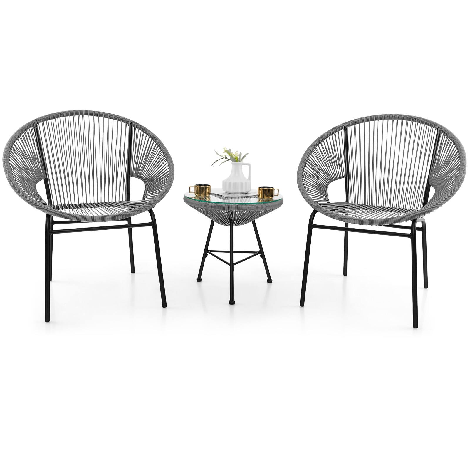 Front. Gymax - Gymax 3 Pieces Acapulco Chair Set Wicker Conversation Bistro Set w/ Tempered Glass Table - Grey.