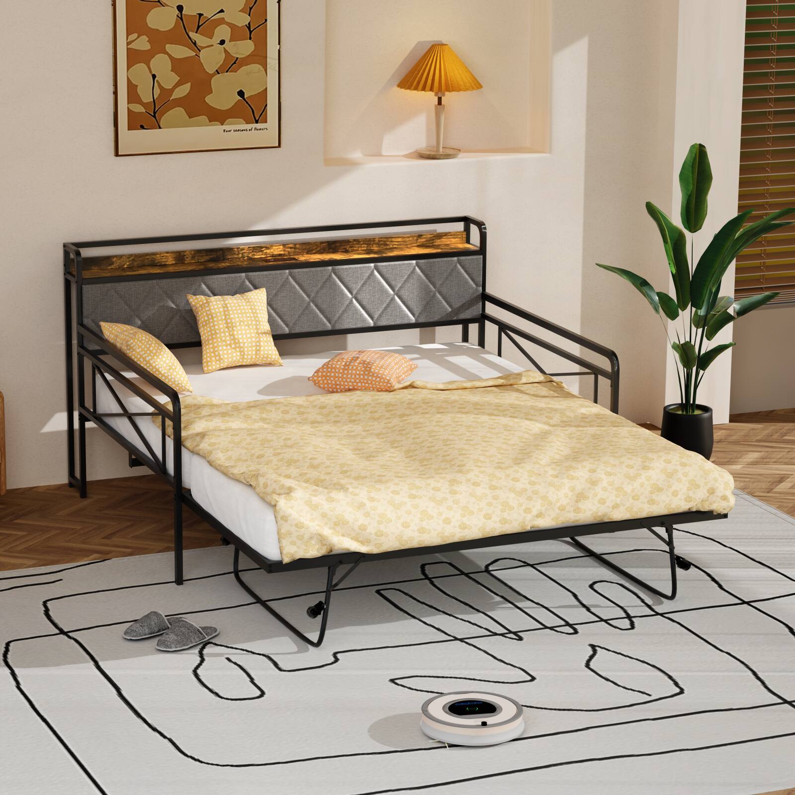Alt View 4. Winado - Full Daybed with Trundle Bed Sofa DayBed with LED Light & Charing Station Upholstered Bed Frame with Storage Headboard - Black & Fabric Grey.