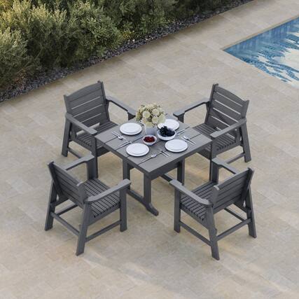 Front. Fortune Candy - HDPE Patio Dining Set, 5-Piece Poly Lumber Table & Chairs with Umbrella Hole, Weather-Resistant for Porch Yard Garden - Gray.