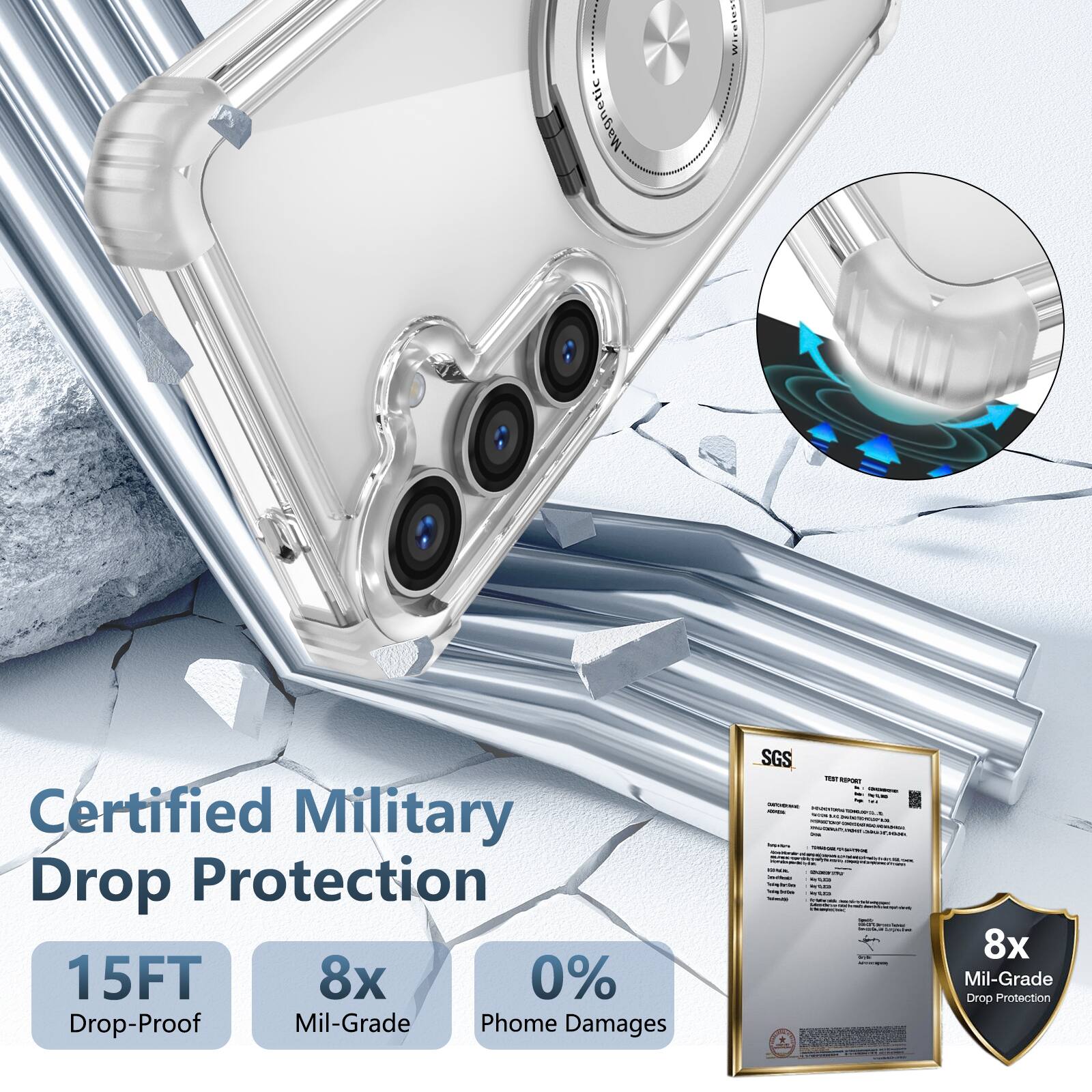 Certified Military Drop Protection  
15FT Drop-Proof  
8x Mil-Grade  
0% Phone Damages  
SGS  
8x Mil-Grade Drop Protection