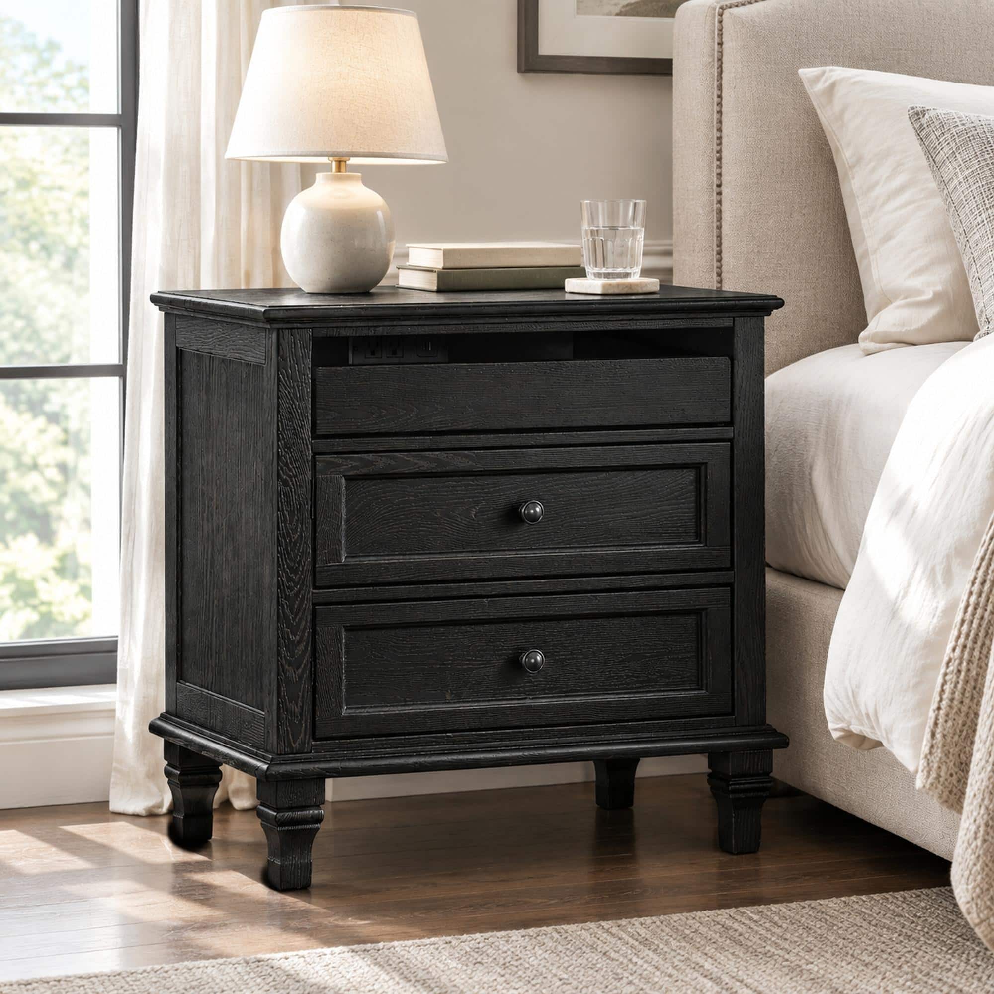 RYHNUYNE - 28 in Wood Nightstand, Farmhouse Bedside Table, 3 Drawers, Charging Station, USB and Type-C Ports, Oak Finish - Black