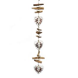 Bamboo Source Tropical Decor - Wooden Carved Heart Strand on a Seagrass Rope with Driftwood and Stones Mobile 36 Inches Long - Multicolor