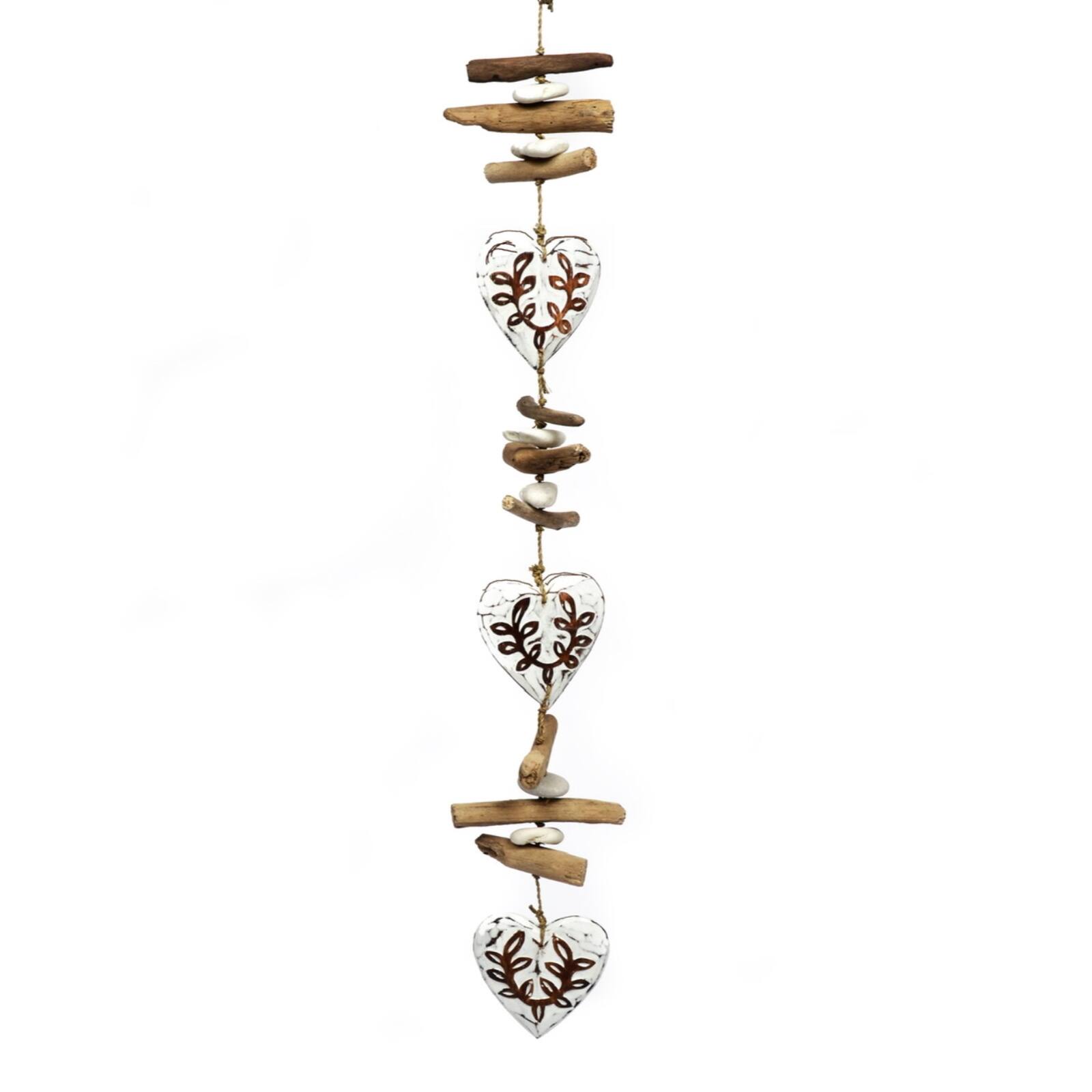 Front. Bamboo Source Tropical Decor - Wooden Carved Heart Strand on a Seagrass Rope with Driftwood and Stones Mobile 36 Inches Long - Multicolor.
