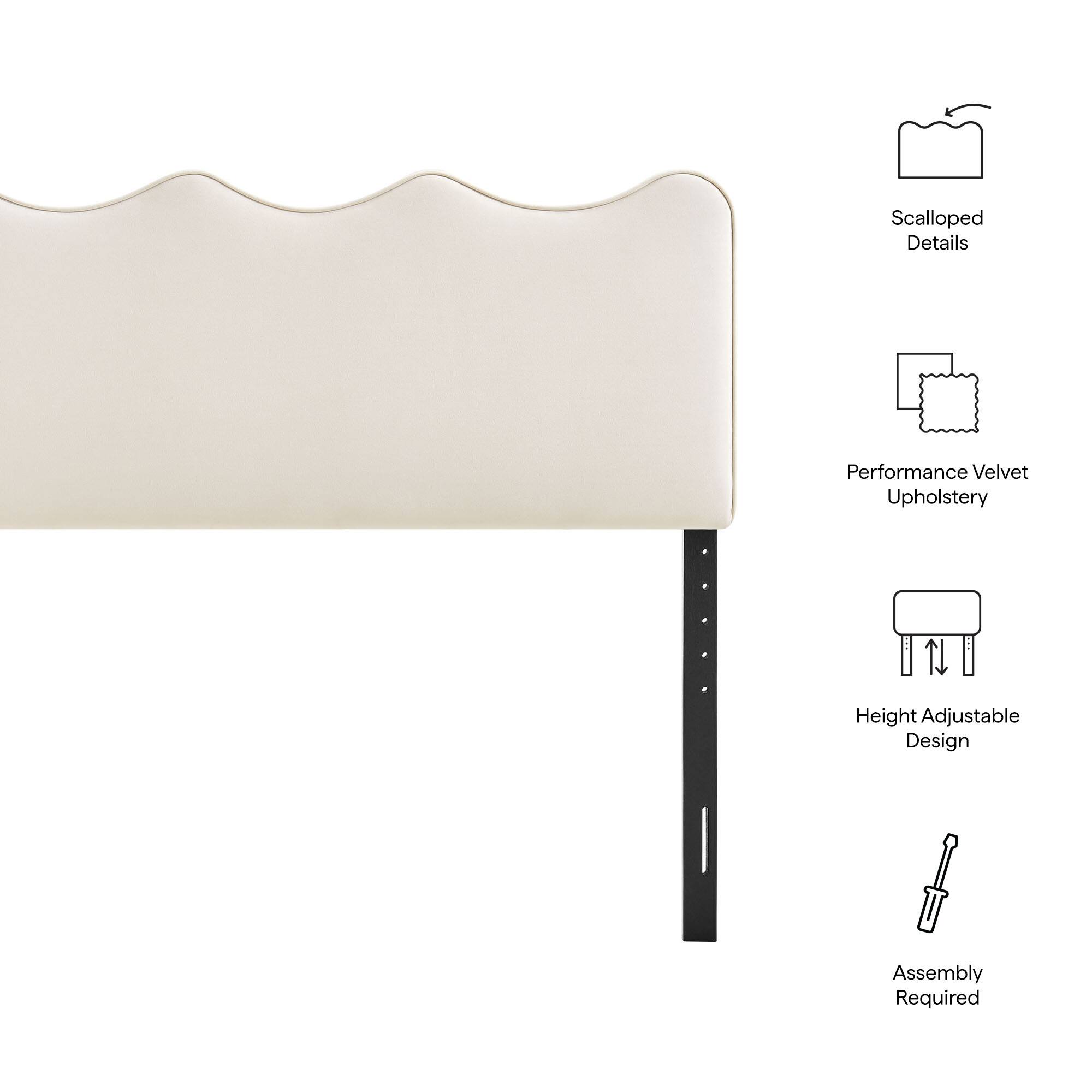 Scalloped Details  
Performance Velvet Upholstery  
Height Adjustable Design  
Assembly Required