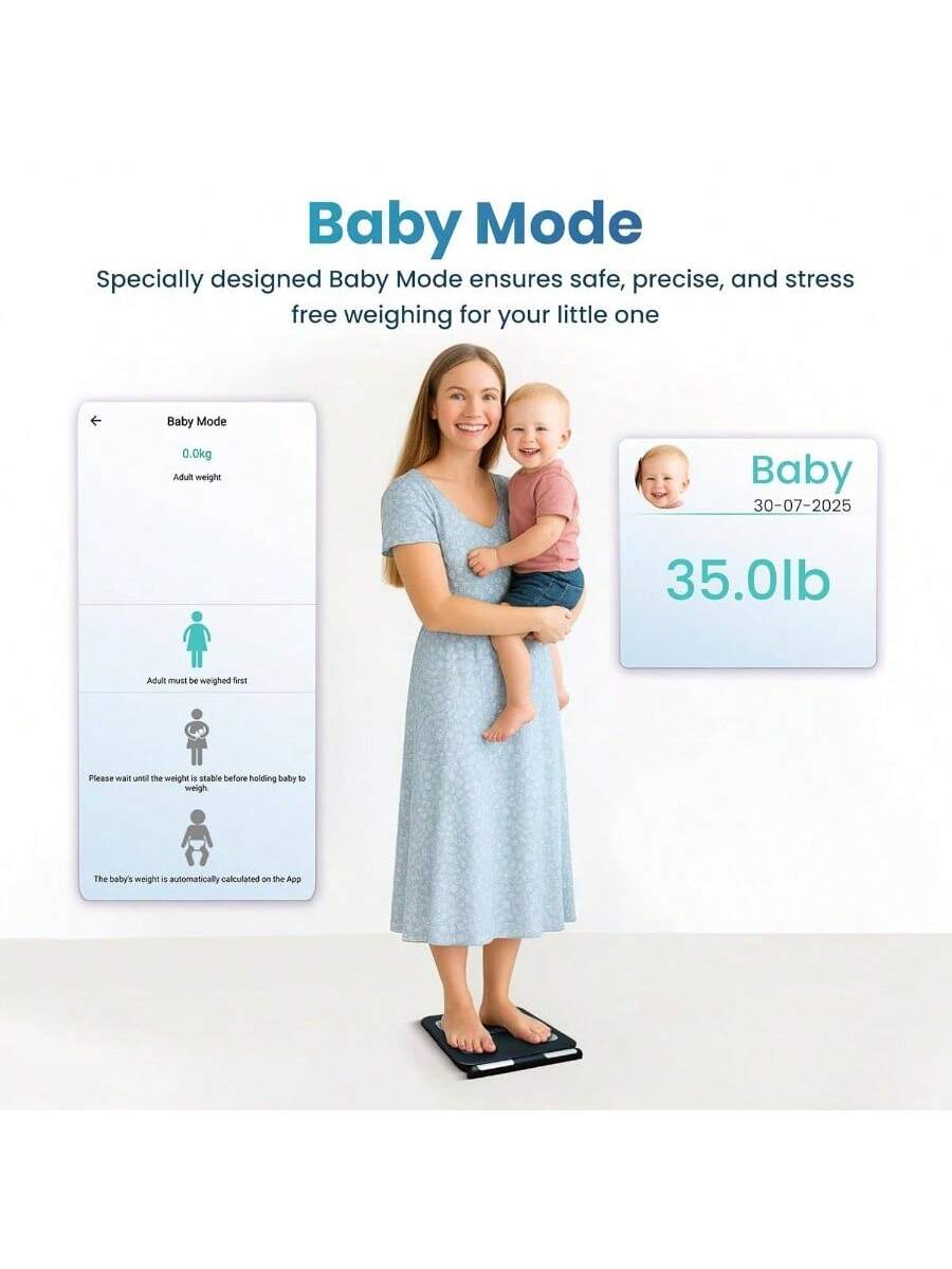 Baby Mode  
Specially designed Baby Mode ensures safe, precise, and stress-free weighing for your little one  

Baby Mode  
0.0kg  
Adult weight  

Adult must be weighed first  

Please wait until the weight is stable before holding baby to weigh  

The baby's weight is automatically calculated on the App  

Baby  
30-07-2025  
35.0lb