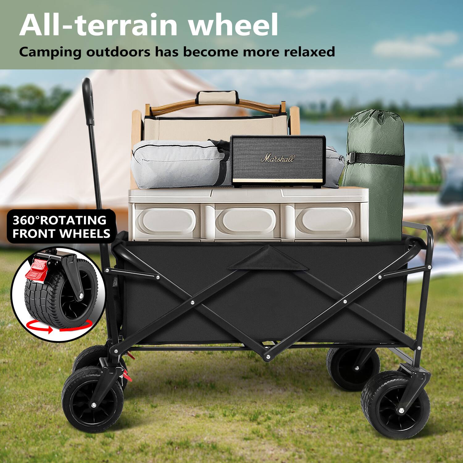 All-terrain wheel: Camping outdoors has become more relaxed with Marshatt 360 rotating front wheels.