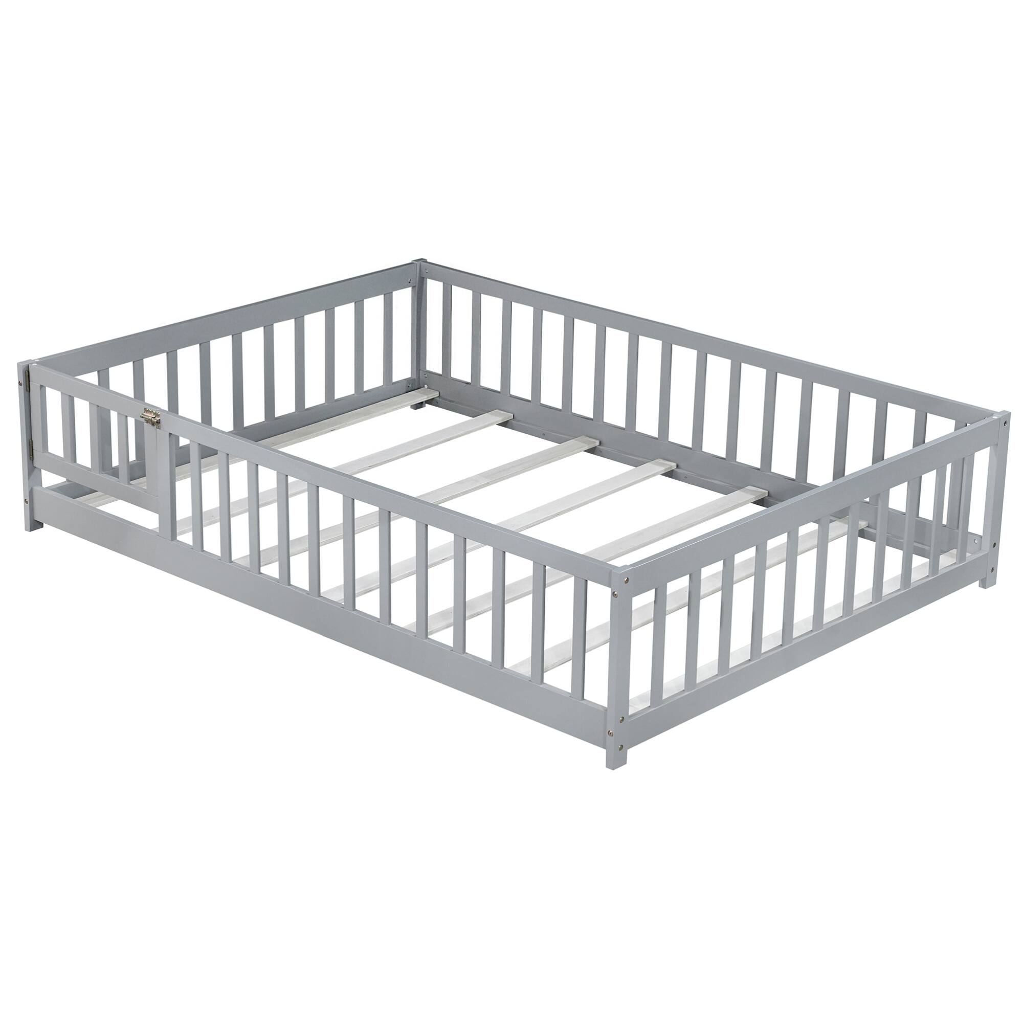 Alt View 6. GOODSILO - Full Size Low Profile Children's Floor Bed with Safety Guardrails and Entry Door, Solid Wood Construction - Grey.