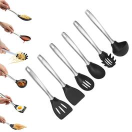 Amco - 6-Piece Nylon Utensil Set - Heat-Resistant with Stainless Steel Handles - BPA-Free, Safe for Non-Stick Cookware - Black