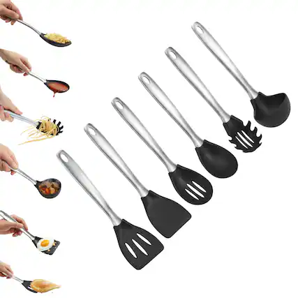 Front. Amco - Amco 6-Piece Nylon Utensil Set - Heat-Resistant with Stainless Steel Handles - BPA-Free, Safe for Non-Stick Cookware - Black.
