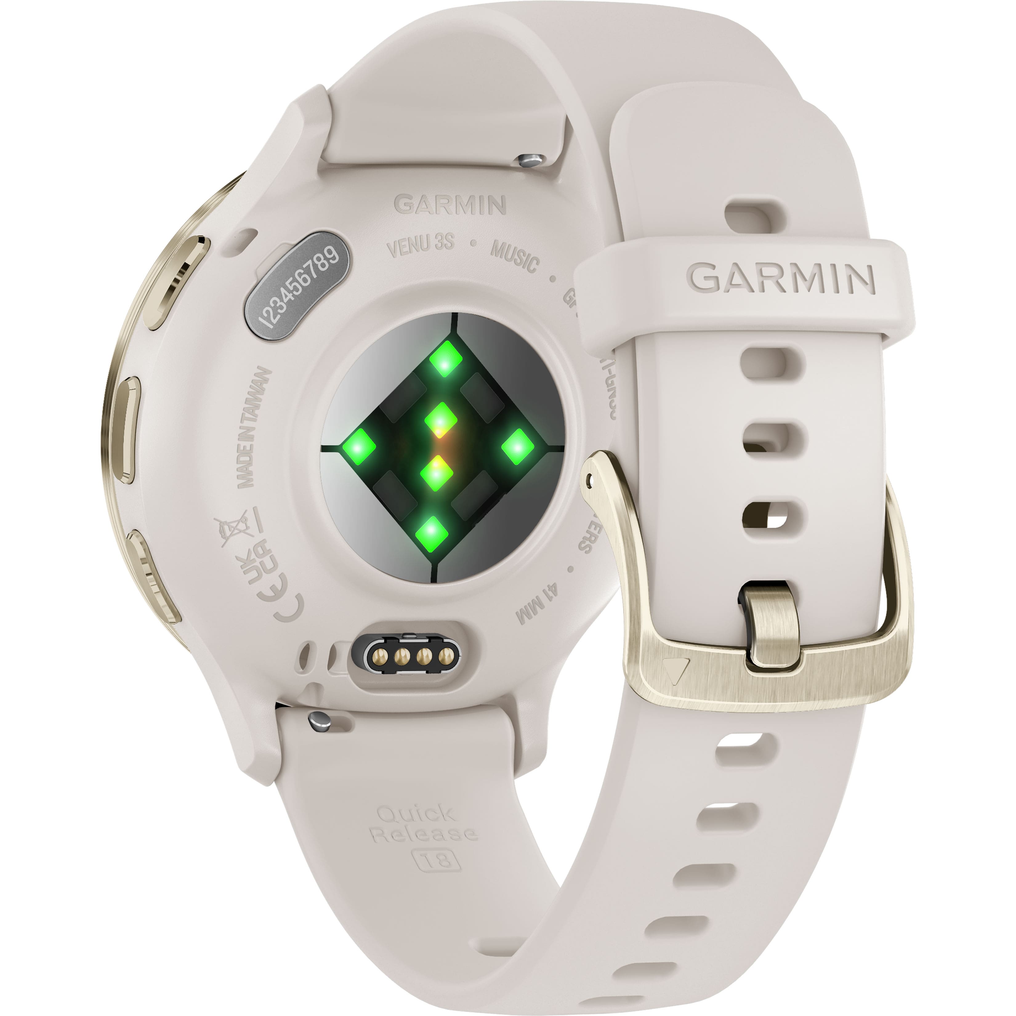 Garmin Venu 3S Music is a watch that features a square display with green lights. It is made in Taiwan and has a quick release strap. The watch is designed to be worn on the wrist and is likely used for tracking various activities, such as running or cycling, and playing music.