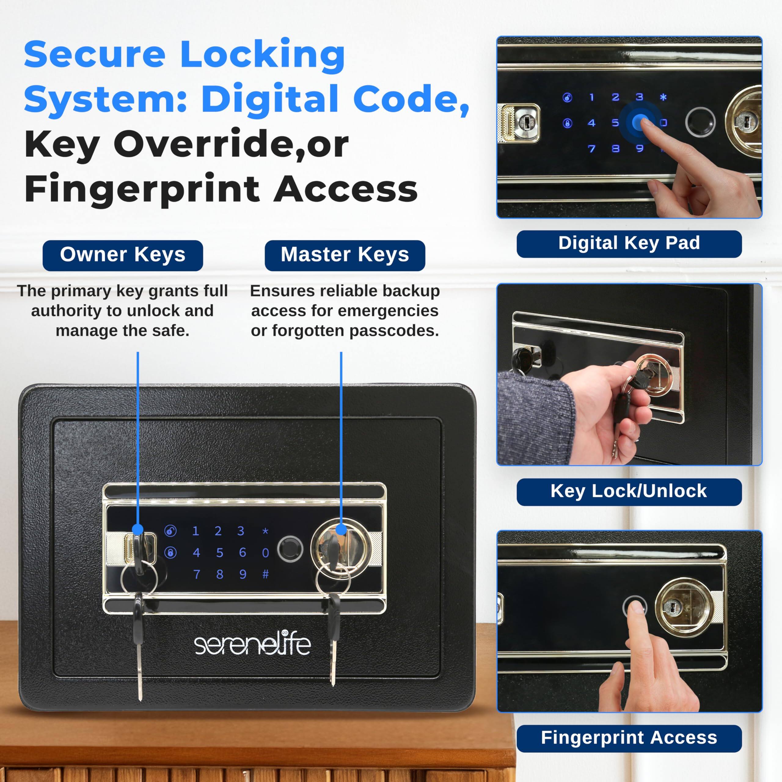 Secure Locking System: Digital Code, Key Override, or Fingerprint Access

Owner Keys
The primary key grants full authority to unlock and manage the safe.

Master Keys
Ensures reliable backup access for emergencies or forgotten passcodes.

Digital Key Pad

Key Lock/Unlock

Fingerprint Access