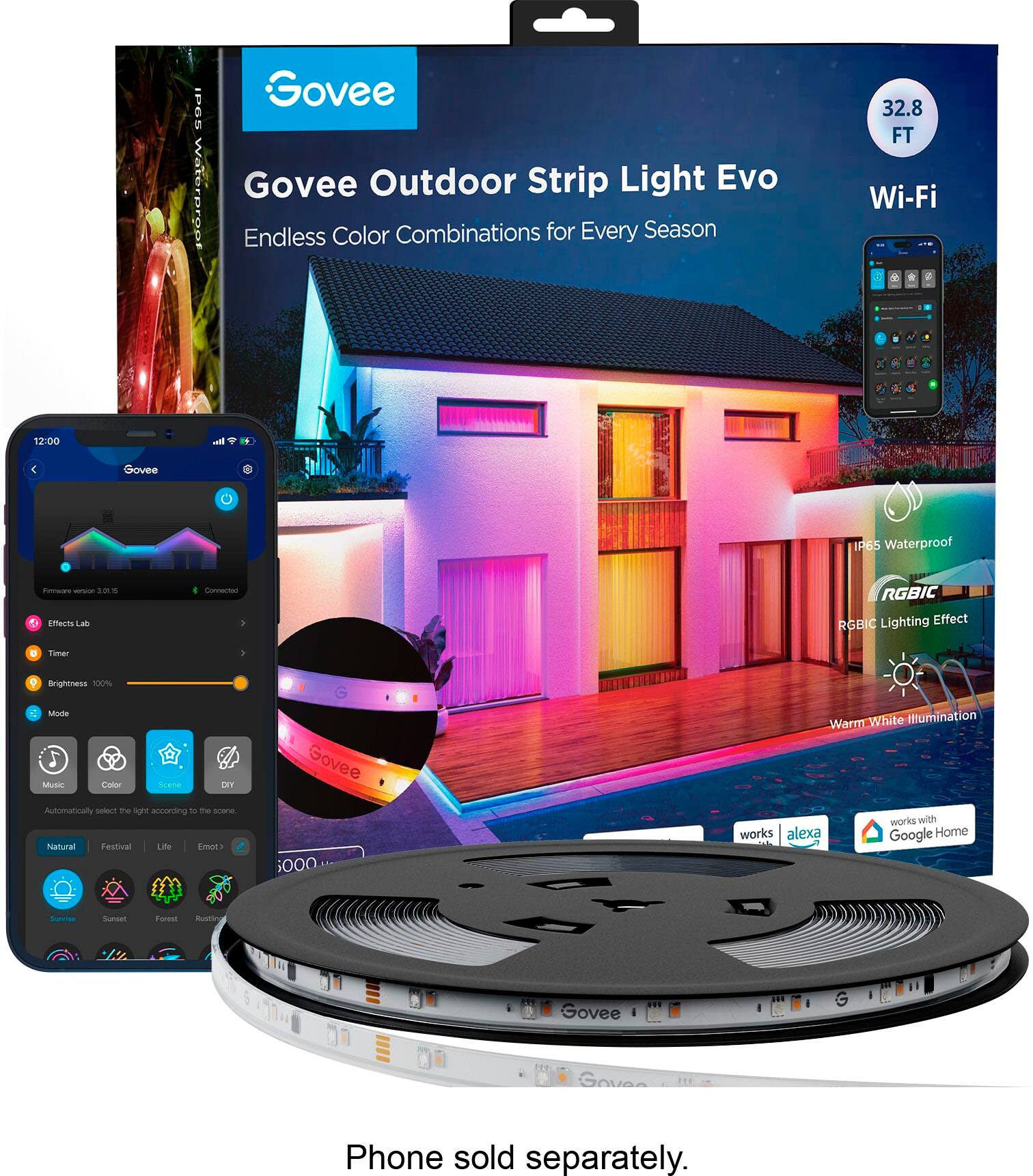 Govee Outdoor Strip Light Evo is a Wi-Fi enabled, waterproof lighting solution that offers endless color combinations for every season. It features a 32.8 FT range and comes with a timer, two brightness settings, and 100% mode for optimal illumination. The lighting system is compatible with both Alexa and Google Home, and it can be controlled via a smartphone app. Additionally, the Govee Outdoor Strip Light Evo offers a DIY installation option, making it a versatile and convenient option for outdoor lighting.