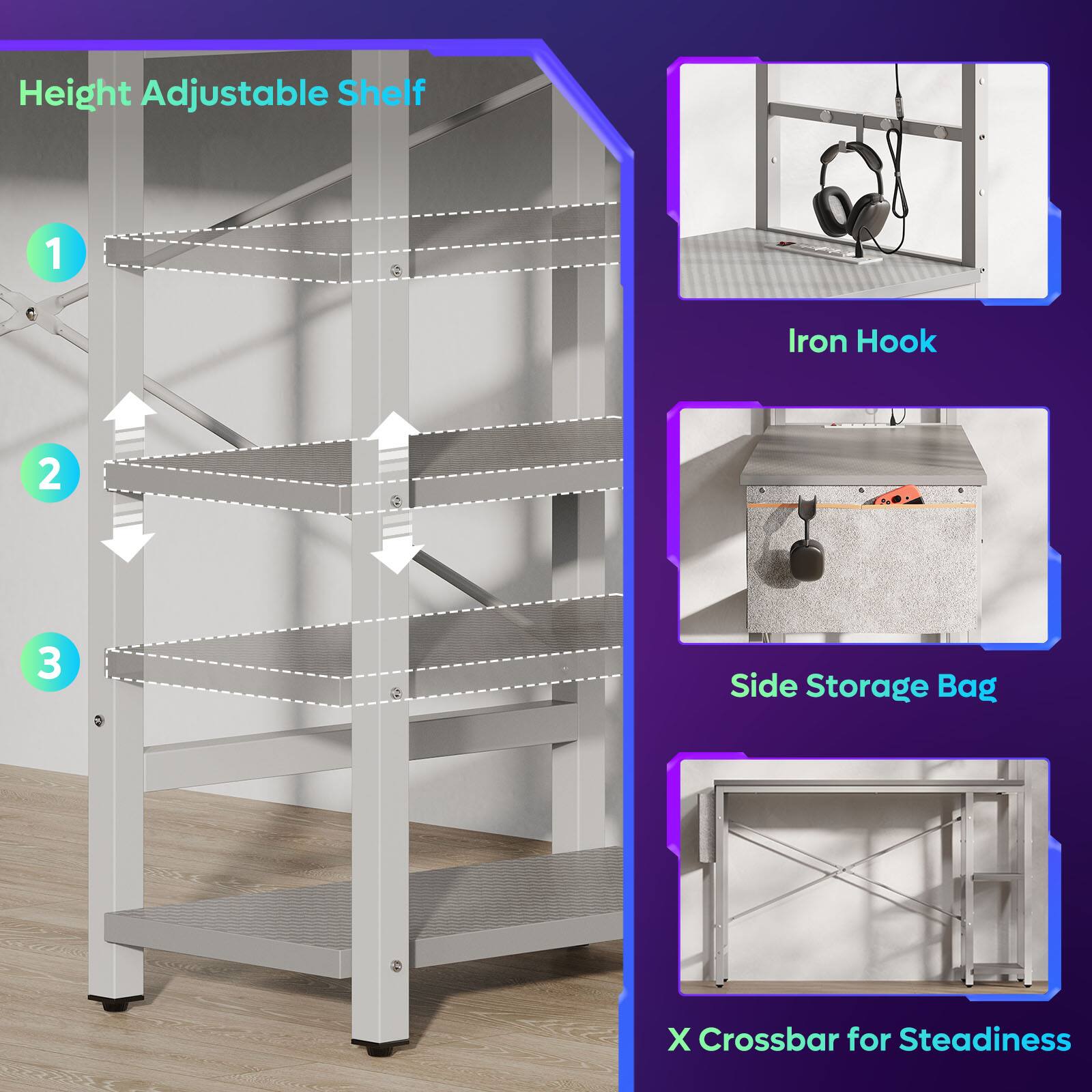 Height Adjustable Shelf 1 69 Iron Hook 2 3 5 Side Storage Bag X Crossbar for Steadiness