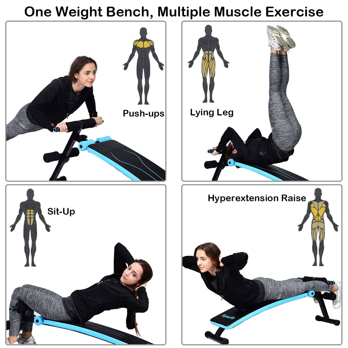 One Weight Bench, Multiple Muscle Exercise: Push-ups, Lying Leg, Sit-up, Hyperextension Raise.