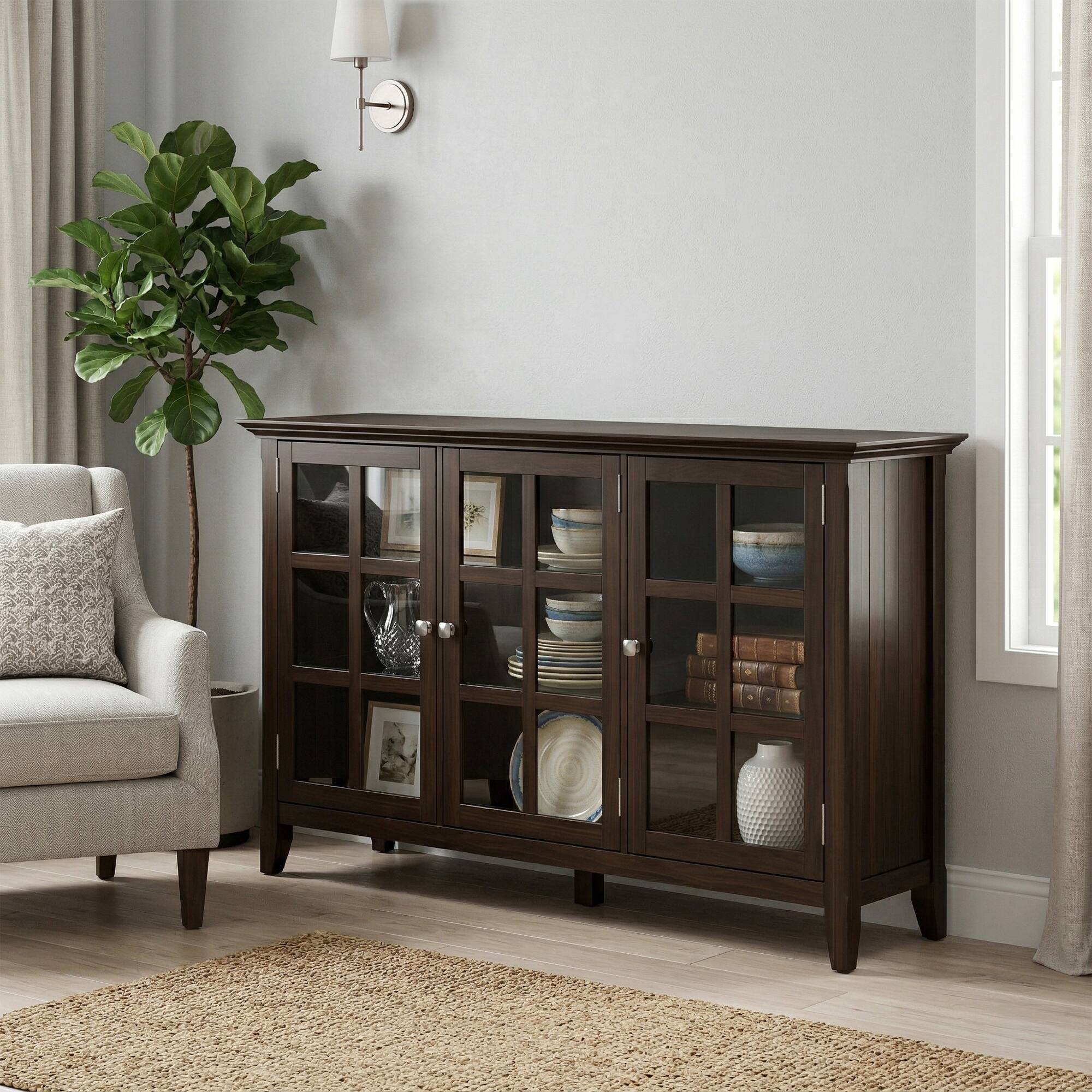 Front. Simpli Home - Acadian Solid Wood 62 inch Wide Transitional Wide Storage Cabinet - Brunette Brown.