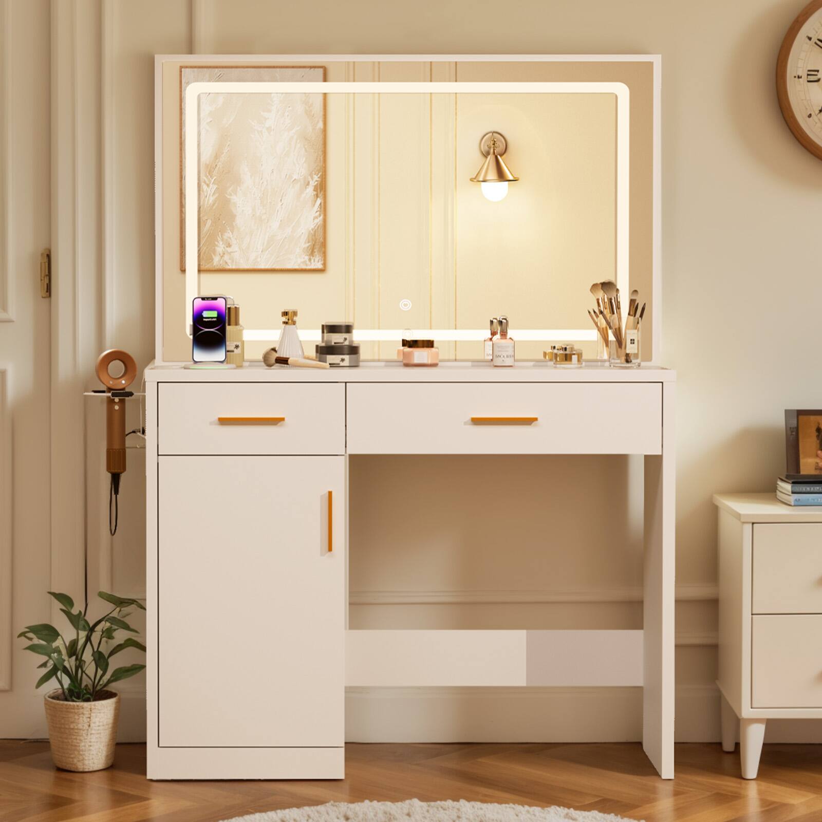 Lirago - 35.4in. Makeup Vanity Table with Mirror and Lights,Charging Station,2 Drawers,Large Cabinet,3-Color Adjustable Lighting - White