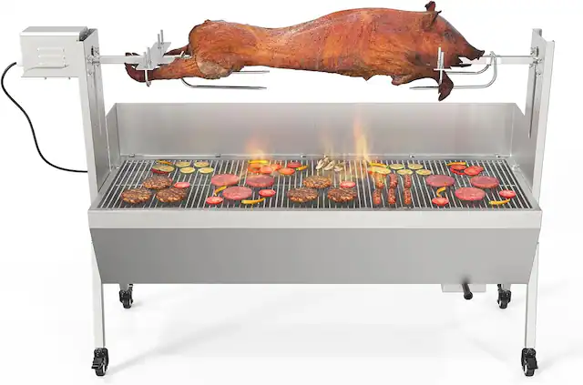 Front. Winado - 46 inch Rotisserie Grill Kit, Pig Lamb Spit Roaster Stand Electric Rotisserie Grill 176 Lbs Capacity with Wind Baffle - Silver.