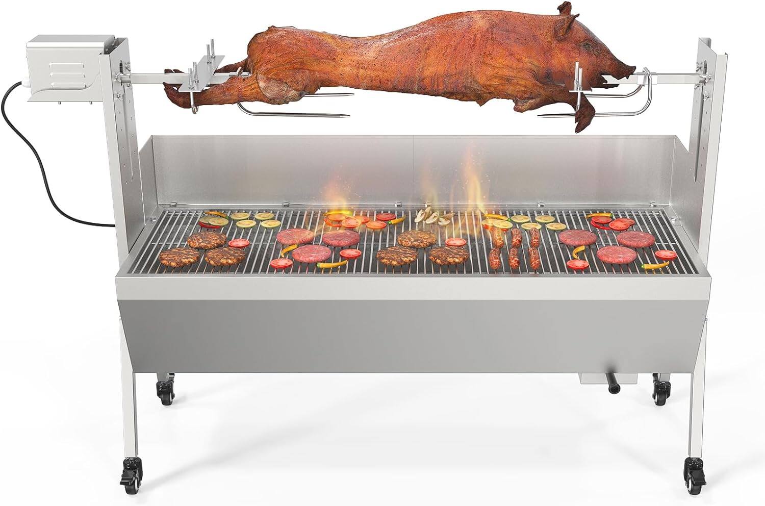 Front. Winado - 46 inch Rotisserie Grill Kit, Pig Lamb Spit Roaster Stand Electric Rotisserie Grill 176 Lbs Capacity with Wind Baffle - Silver.