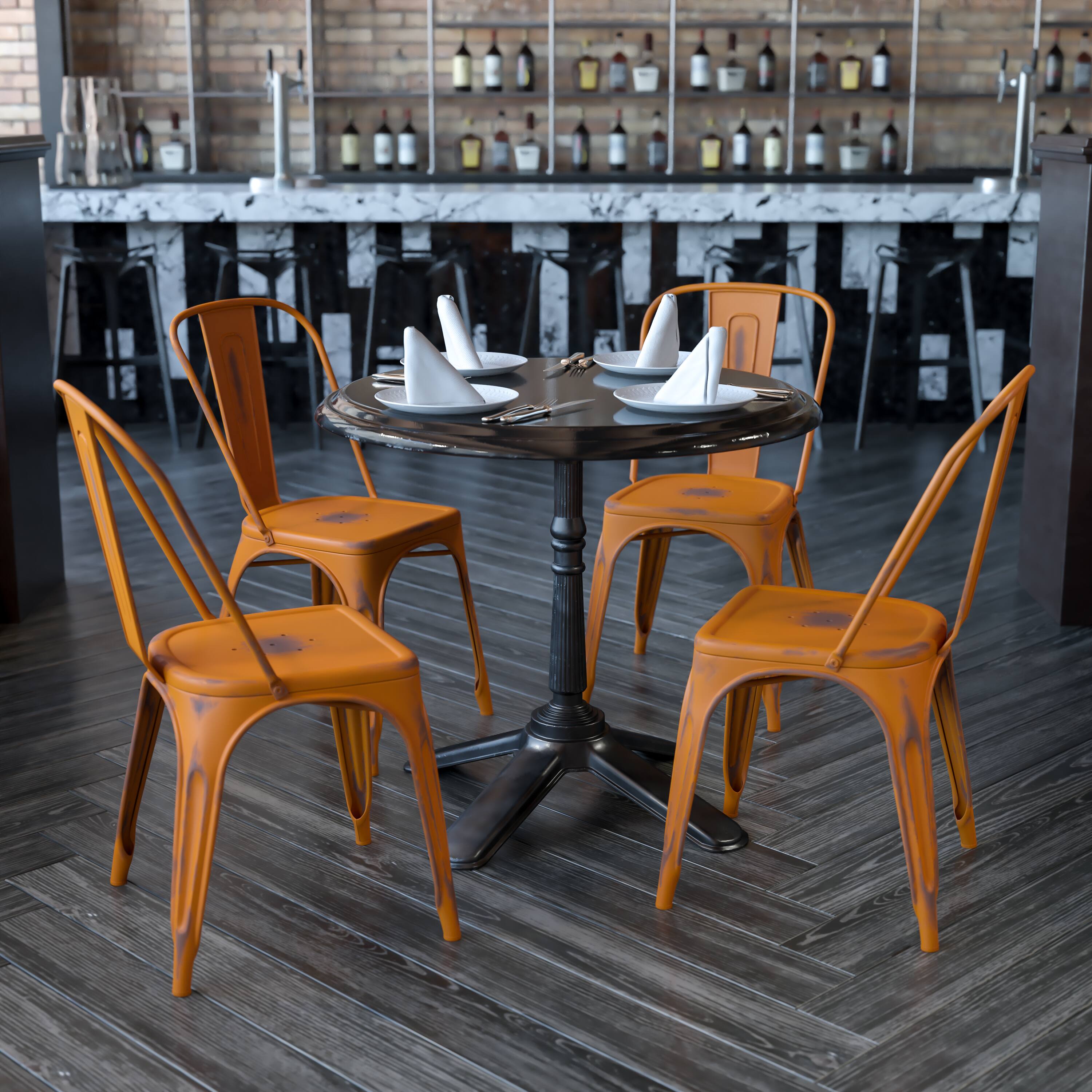 Alt View 2. Emma + Oliver - Commercial Grade 4 Pack Distressed Metal Indoor-Outdoor Stackable Chair - Orange.