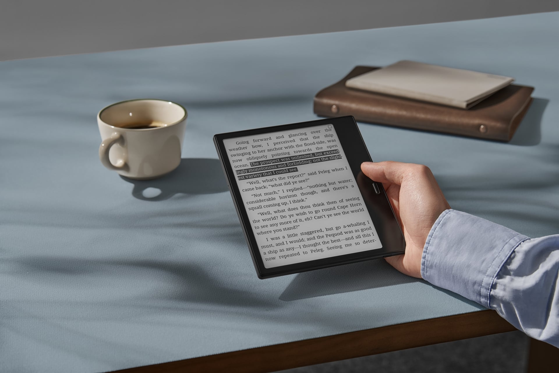 Going forward and glancing over the bow, I perceived that the ship was swinging to her anchor with the flood-tide, obliquely pointing towards the open ocean. The prospect was unlimited, but the weather was monotonous and forbidding. "Well, what's the report?" said Peleg when I came back; "what did ye see?" "Not much," I replied—"nothing but water; there's a considerable squall coming up, I think." "Well, what does thou think then of seeing the world? Do ye wish to go round Cape Horn? Can't ye see any more of it? Where you stand?" I was a little staggered, but go a-whaling I must, and the Pequod was as good a ship as any—I thought the best—and all this I now repeated to Peleg. Seeing me so deter-