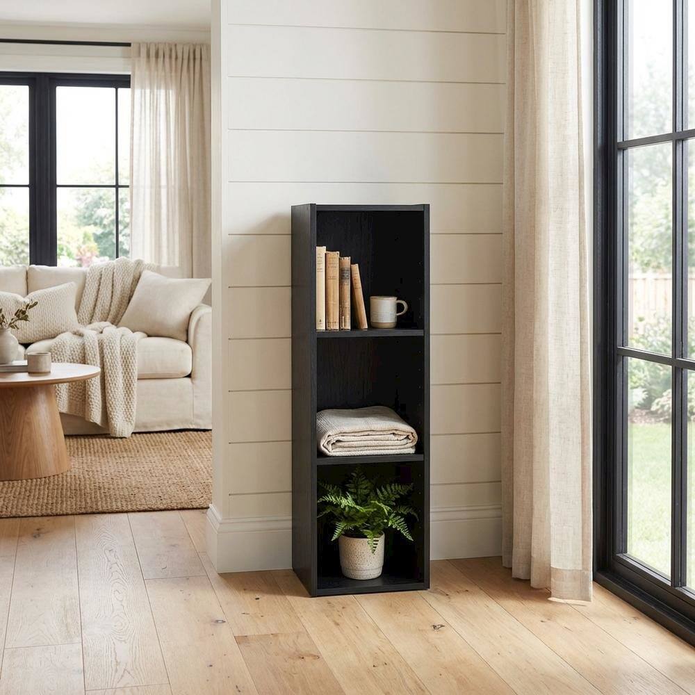Left. FurniFact - Wooden Bookcase in Black Finish with Spacious Shelves for Storage - Blackwood.