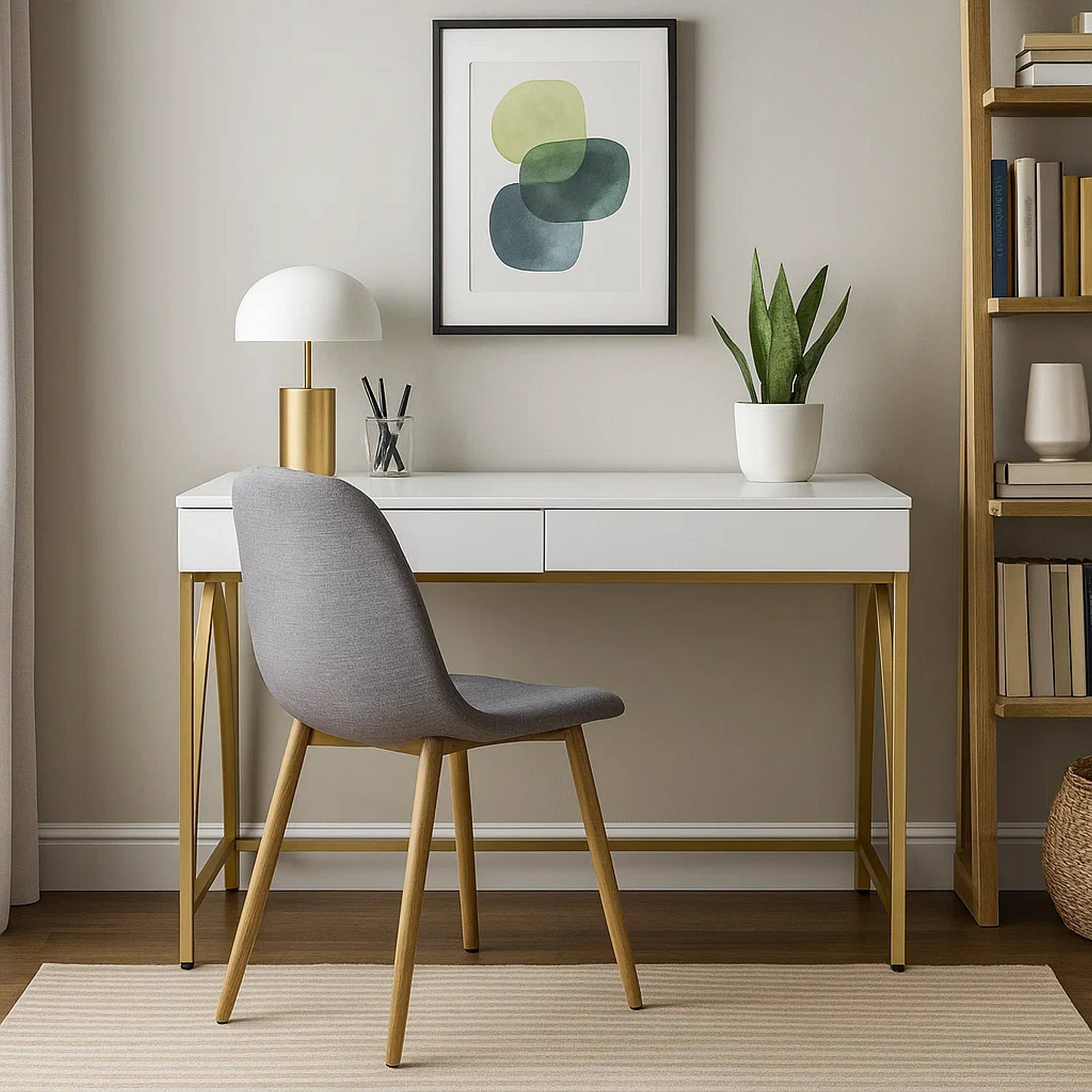 Alt View 3. Manhattan Lane - 50 Inch Desk Console Table, 2 Drawers, Metal Inverted U Frame, White, Gold - White and Gold.